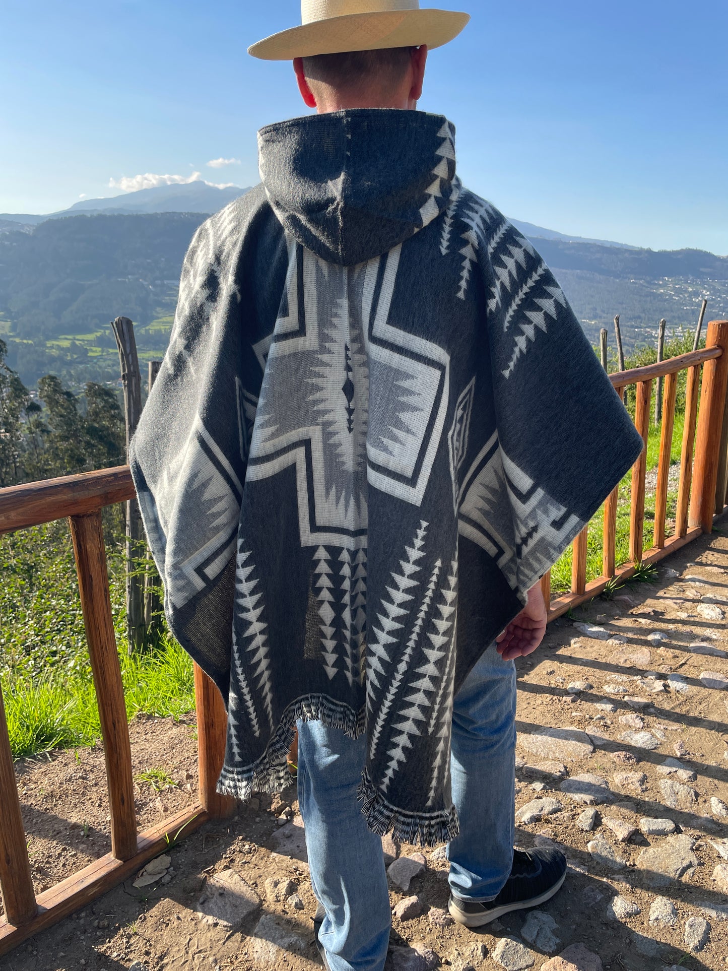 Poncho Hood Wool Gray Navajo
