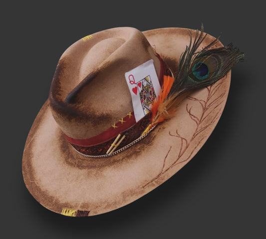 Light brown felt hat in the shape of a Fedora with various accessories