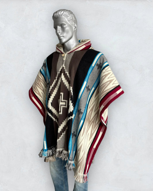Poncho Hood Wool Navajo Light Blue