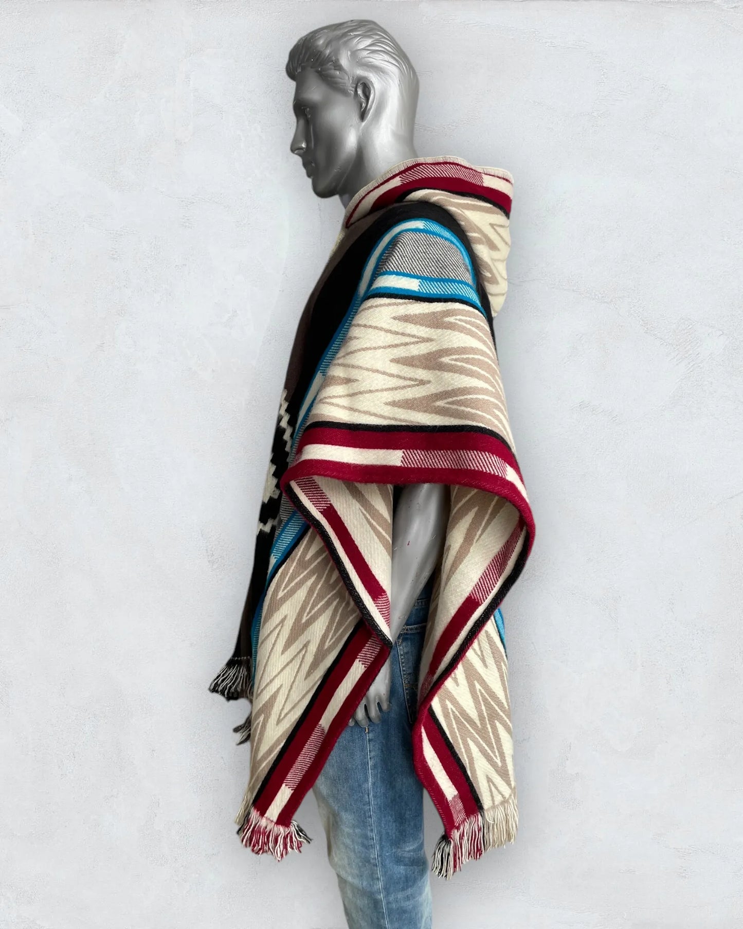Poncho Hood Wool Navajo Light Blue