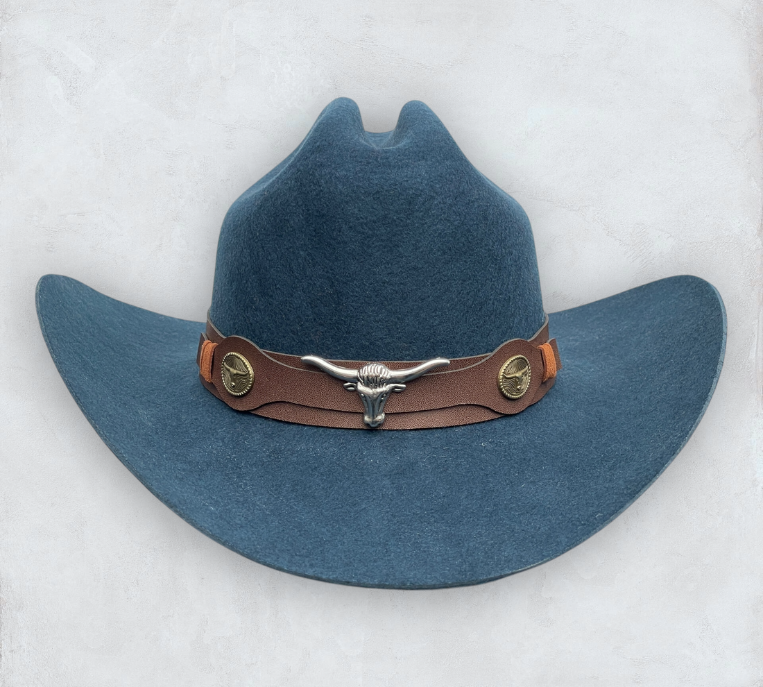 Blue cowboy hat made of high-quality felt with leather band and metal bull head