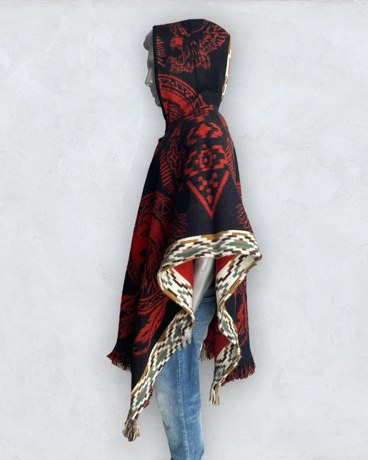Poncho Hood Wool Black-Orange-Eagle - TomHats