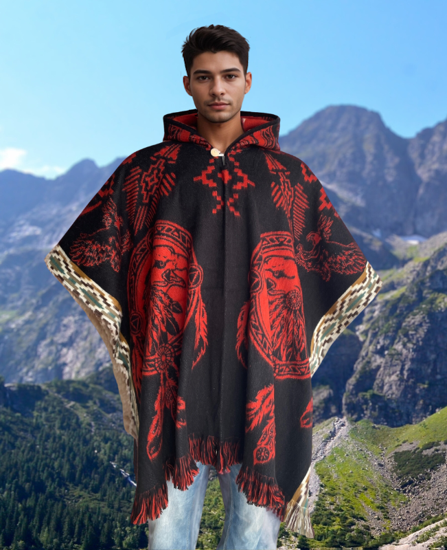 Poncho Hood Wool Black-Orange-Eagle