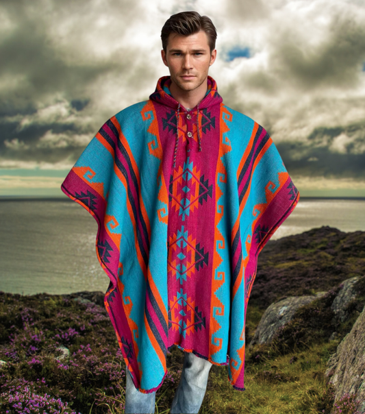 Poncho Hood Wool Pink Blue