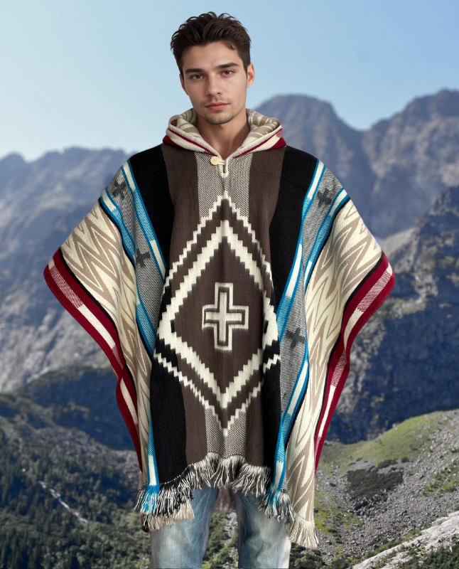 Poncho Hood Wool Navajo Light Blue