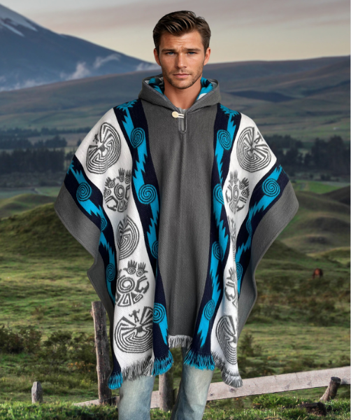 Poncho Hood Wool Grey Blue