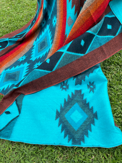 Alpaca Blanket with indigenous patterns - turquoise/brown