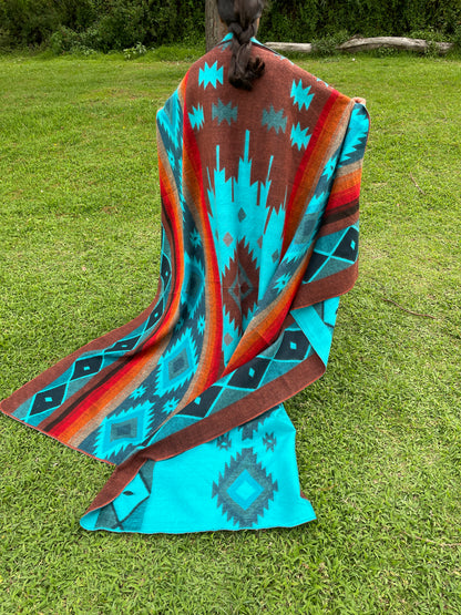 Alpaca Blanket with indigenous patterns - turquoise/brown