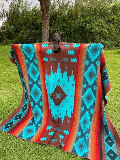 Alpaca Blanket with indigenous patterns - turquoise/brown