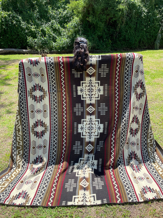 Alpaca Wool Blanket in color brown and beige in King size with a geometric Navajo pattern