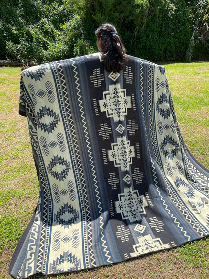 Alpaca Wool Blanket in color blue and white in King size with a geometric Navajo pattern