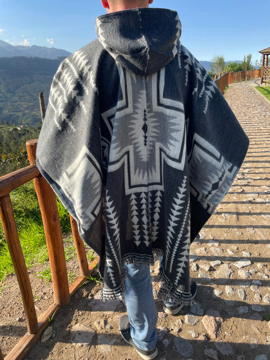 Poncho Hood Wool Gray Navajo