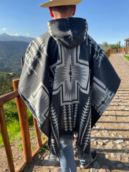 Poncho Hood Wool Gray Navajo