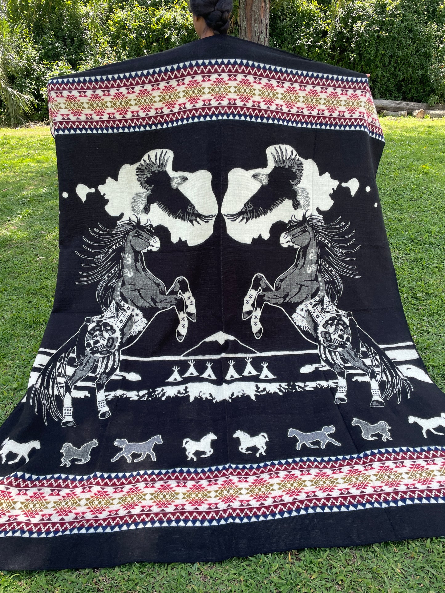 Alpaca Blanket Horse and Eagle with indigenous patterns - black