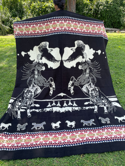 Alpaca Blanket Horse and Eagle with indigenous patterns - black