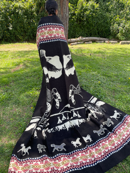 Alpaca Blanket Horse and Eagle with indigenous patterns - black