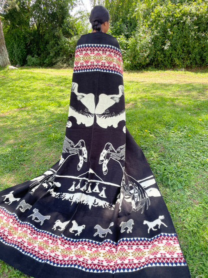 Alpaca Blanket Horse and Eagle with indigenous patterns - black