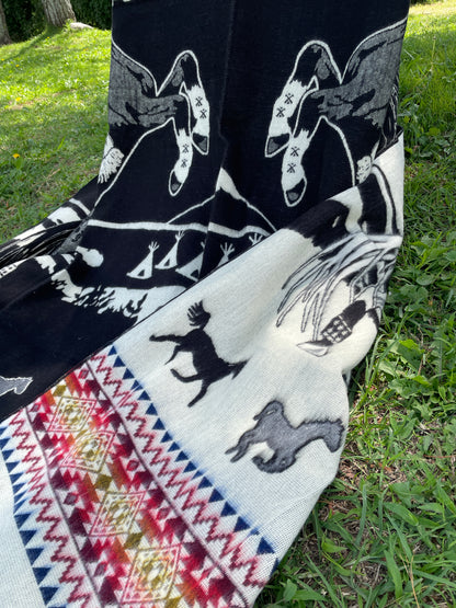 Alpaca Blanket Horse and Eagle with indigenous patterns - black