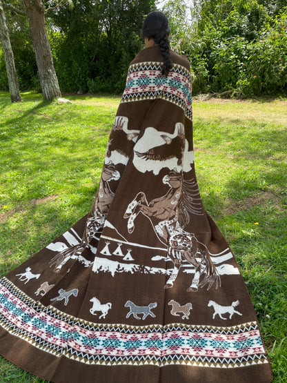 Alpaca Wool Blanket in color brown in King size with a geometric Navajo pattern - Horses and Eagles