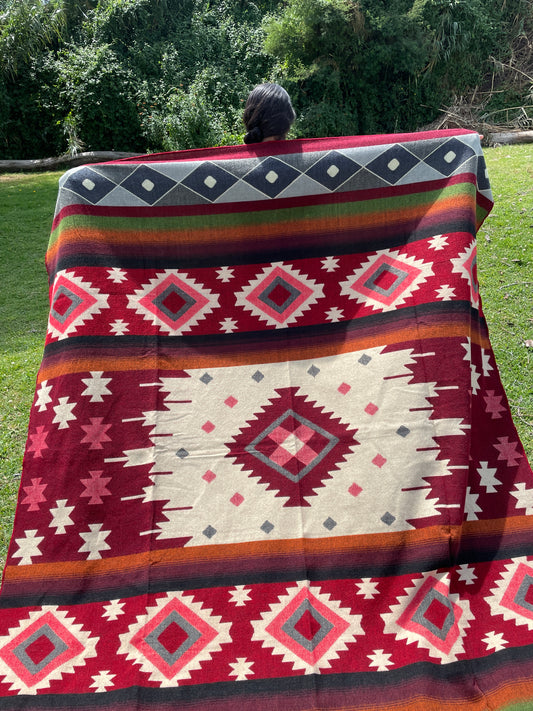 Traditional Woven Blanket with Geometric Pattern - red gray