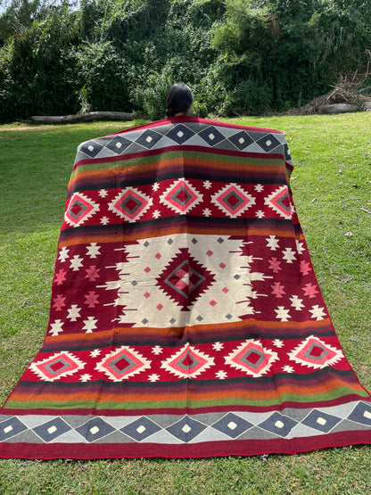 Alpaca Wool Blanket in color red and white in King size with a geometric Navajo pattern