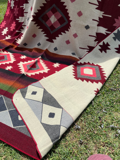 Traditional Woven Blanket with Geometric Pattern - red gray