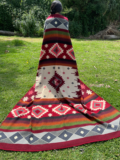 Alpaca Wool Blanket in color red and white in King size with a geometric Navajo pattern