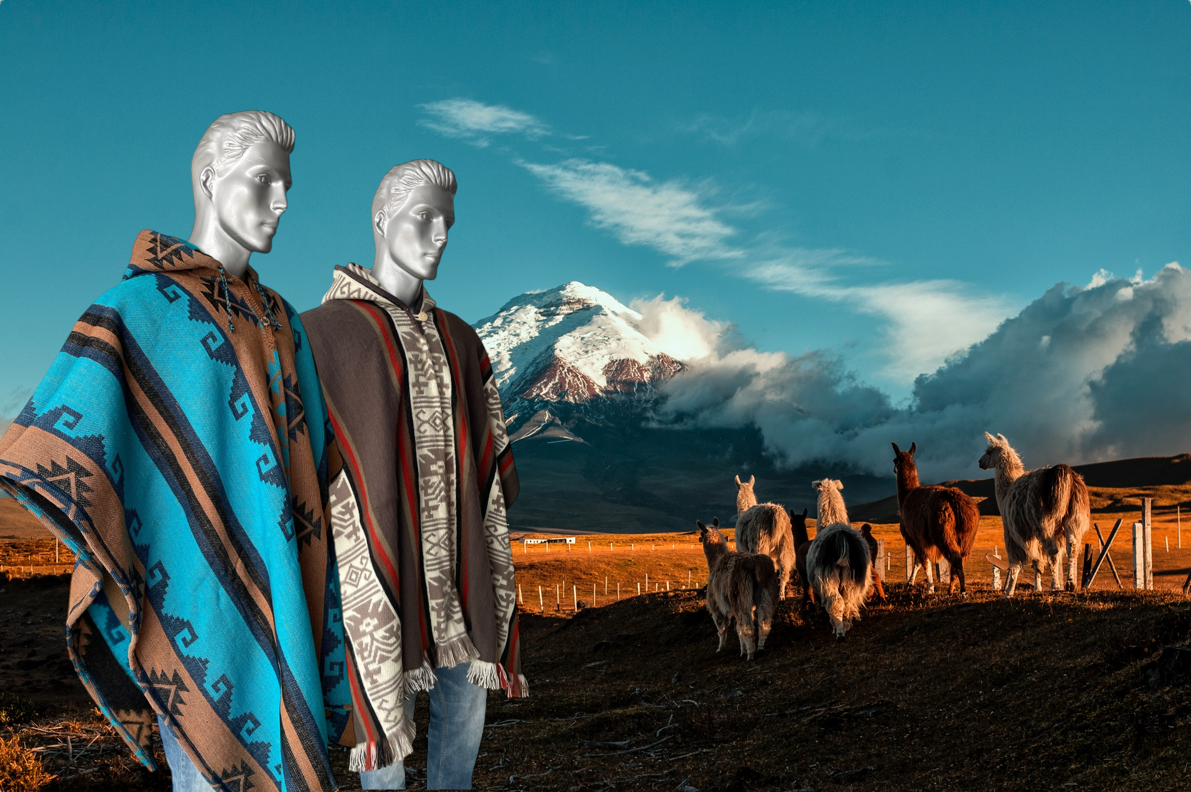 In the background you can see a volcano in the Andes of Ecuador with some llamas. In the foreground are 2 ponchos with hoods and indigenous patterns and colors.