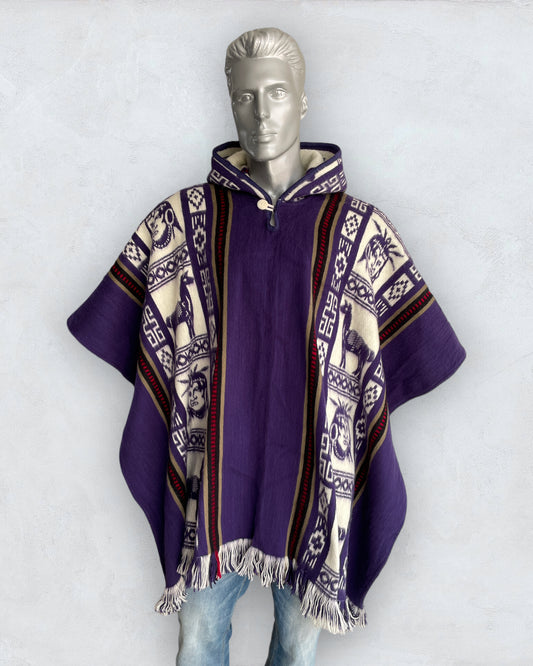 Purple poncho with hood and indigenous motifs