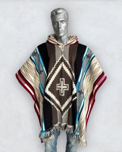 Poncho Hood Wool Navajo Light Blue