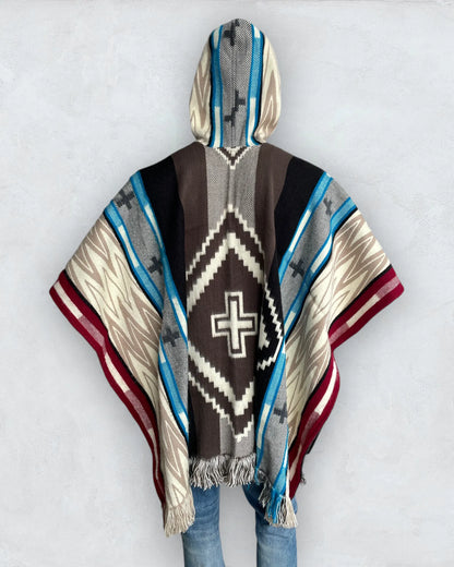 Poncho Hood Wool Navajo Light Blue