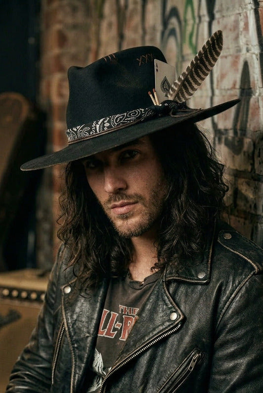 Wool Felt Hat - Black Boater Skull Outback Hat - "Gambler"