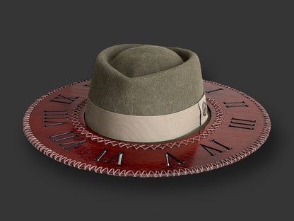 Wool Felt Outback Hat with Teca wood brim - Roman Numerals Clock