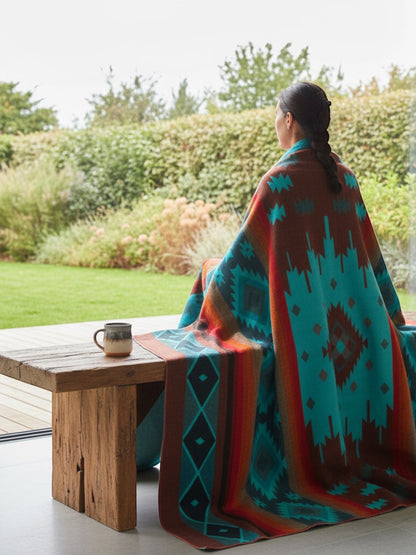 TomHats alpaca wool blanket with a turquoise and brown Navajo pattern, draped over a woman on a wooden bench.