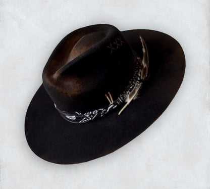 TomHats Havana black wool felt boater hat with bandana detail and feather accents
