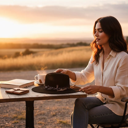 TomHats Havana black wide-brimmed wool felt boater hat, worn by a woman at sunset.