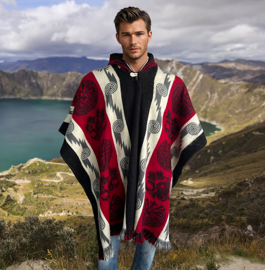 Poncho Hood Wool Red