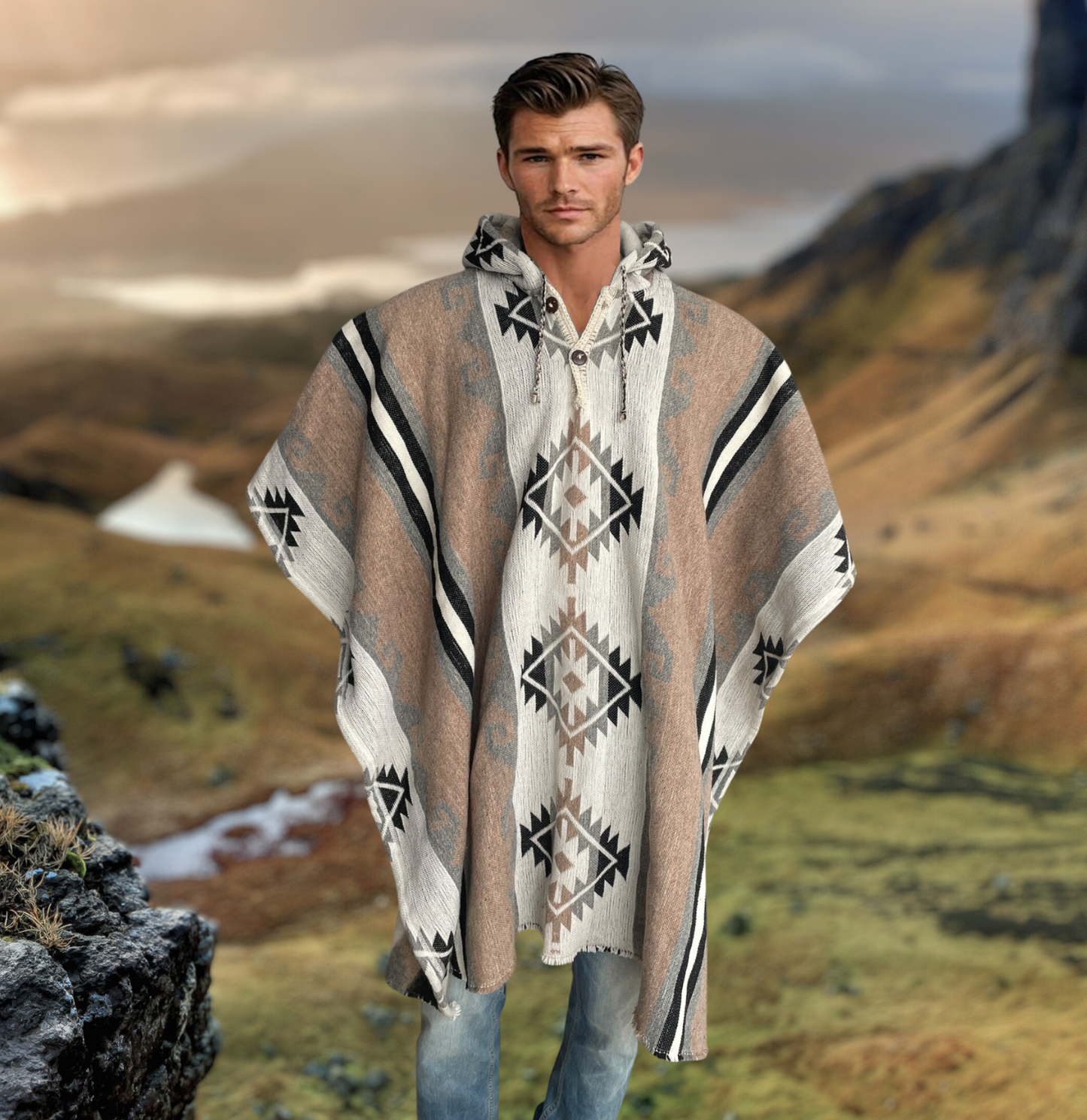 Poncho Hood Wool beige with