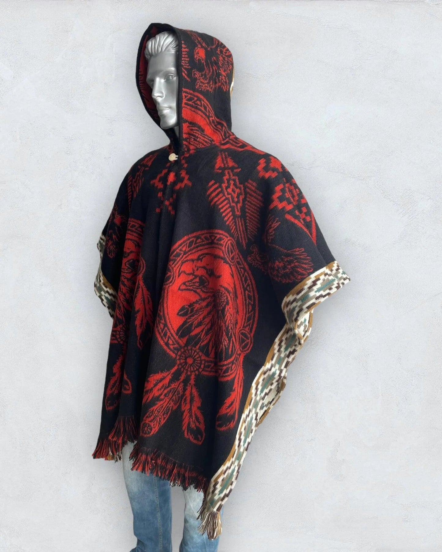 Poncho Hood Wool Black-Orange-Eagle - TomHats