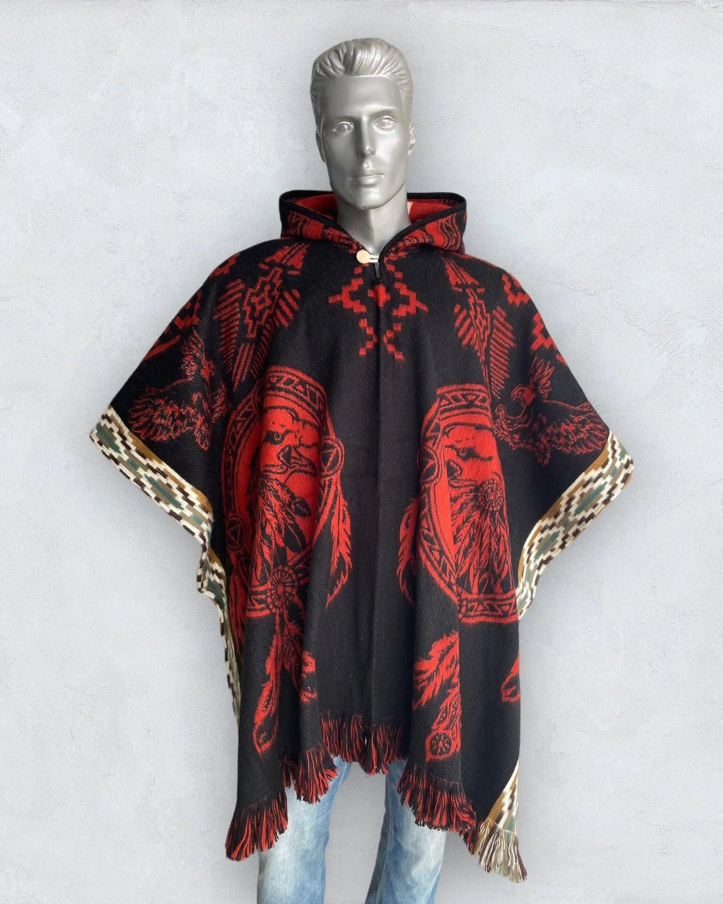 Poncho Hood Wool Black-Orange-Eagle - andeanstyle