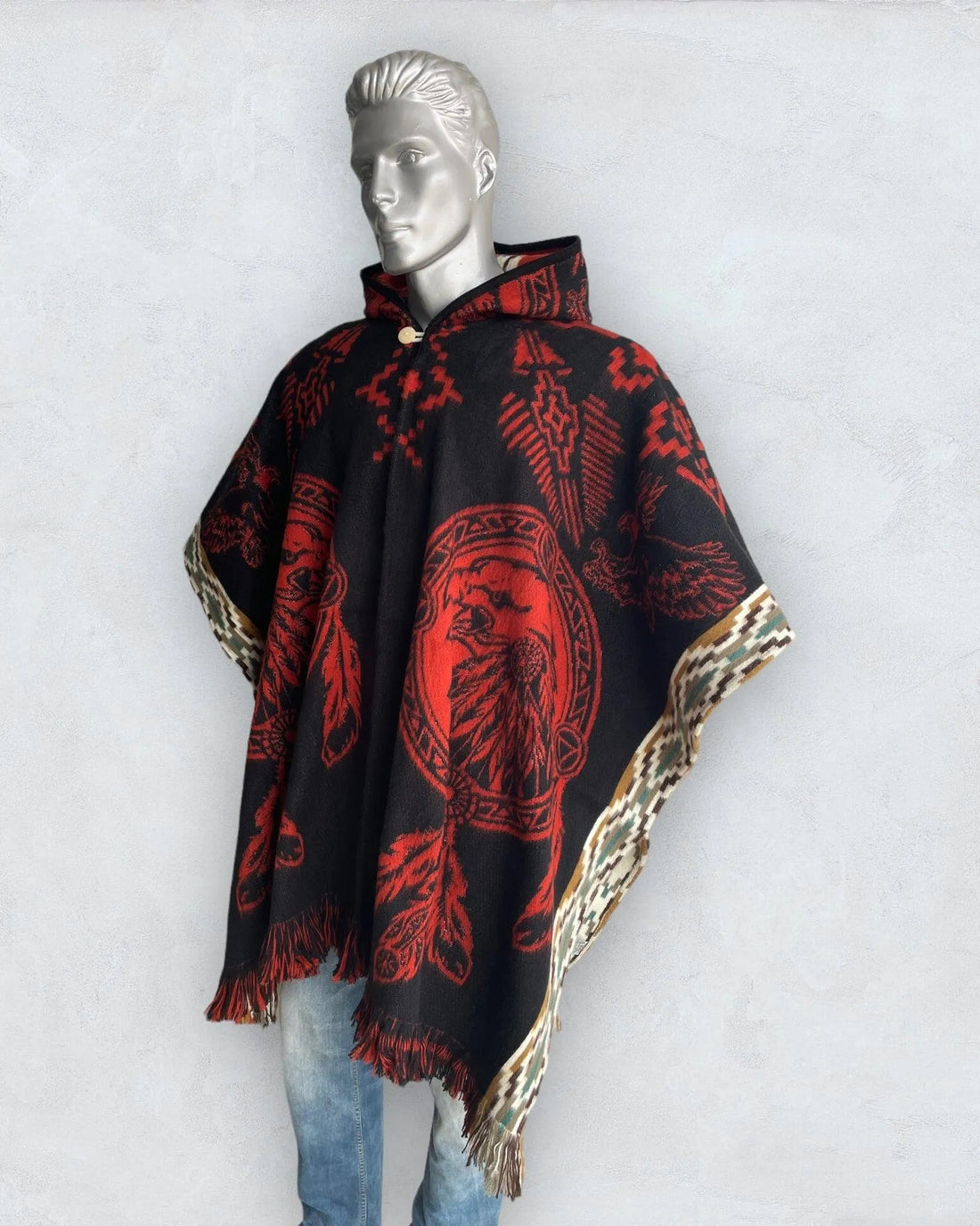 Poncho Hood Wool Black-Orange-Eagle - TomHats