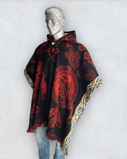 Poncho Hood Wool Black-Orange-Eagle - andeanstyle