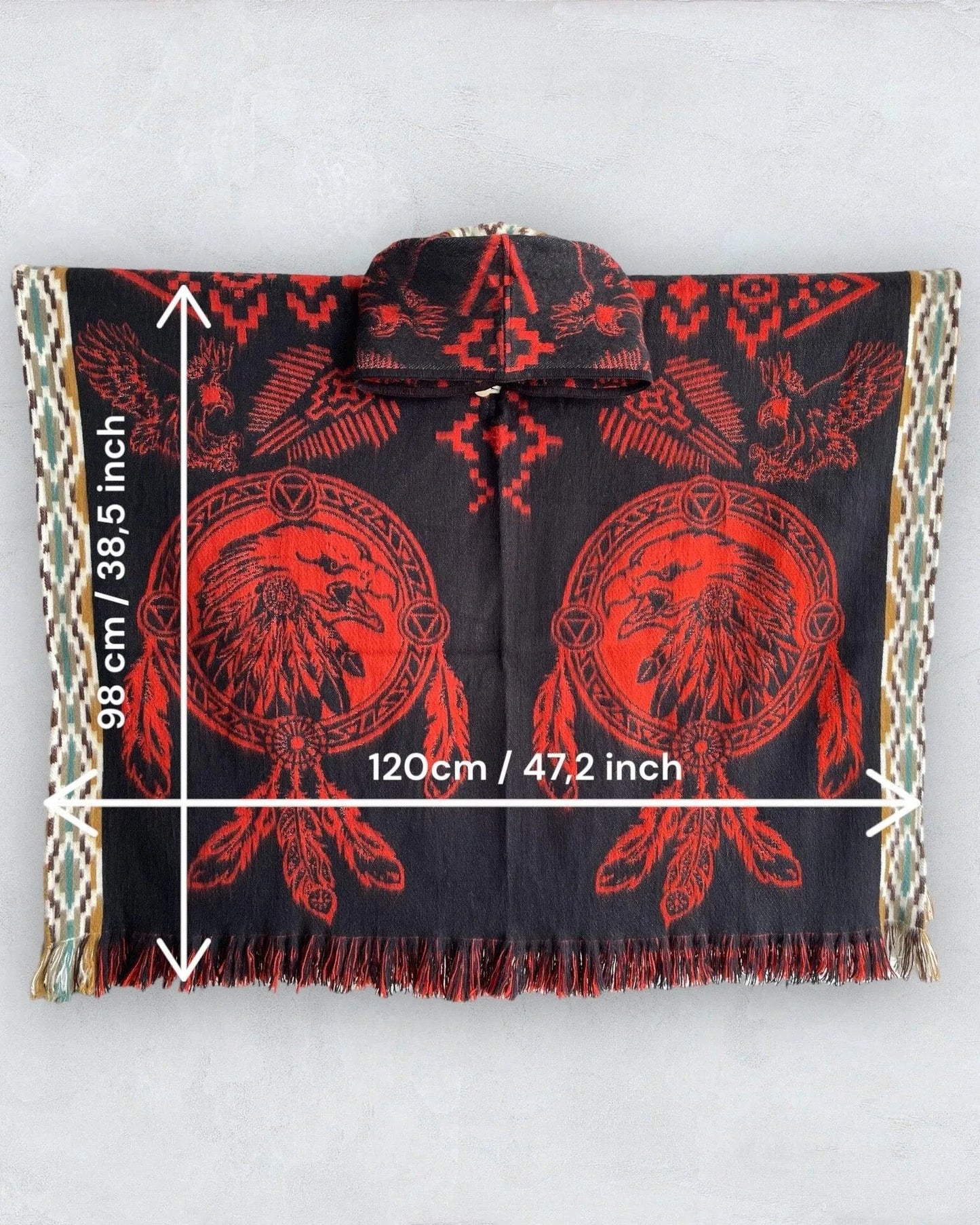 Poncho Hood Wool Black-Orange-Eagle - TomHats