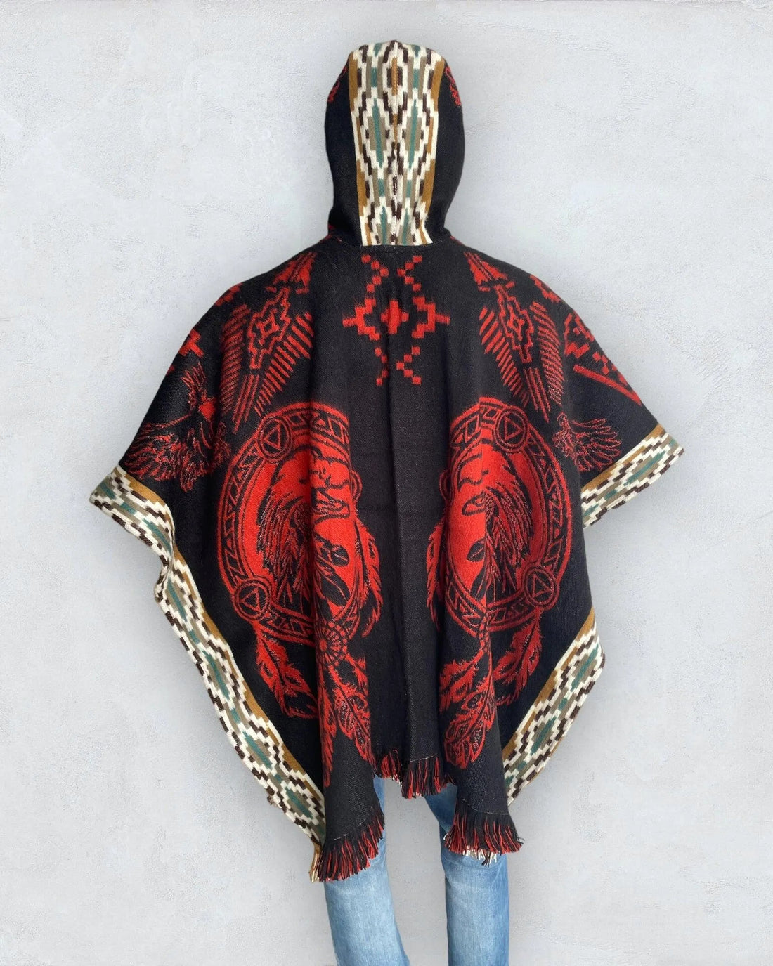 Poncho Hood Wool Black-Orange-Eagle - TomHats