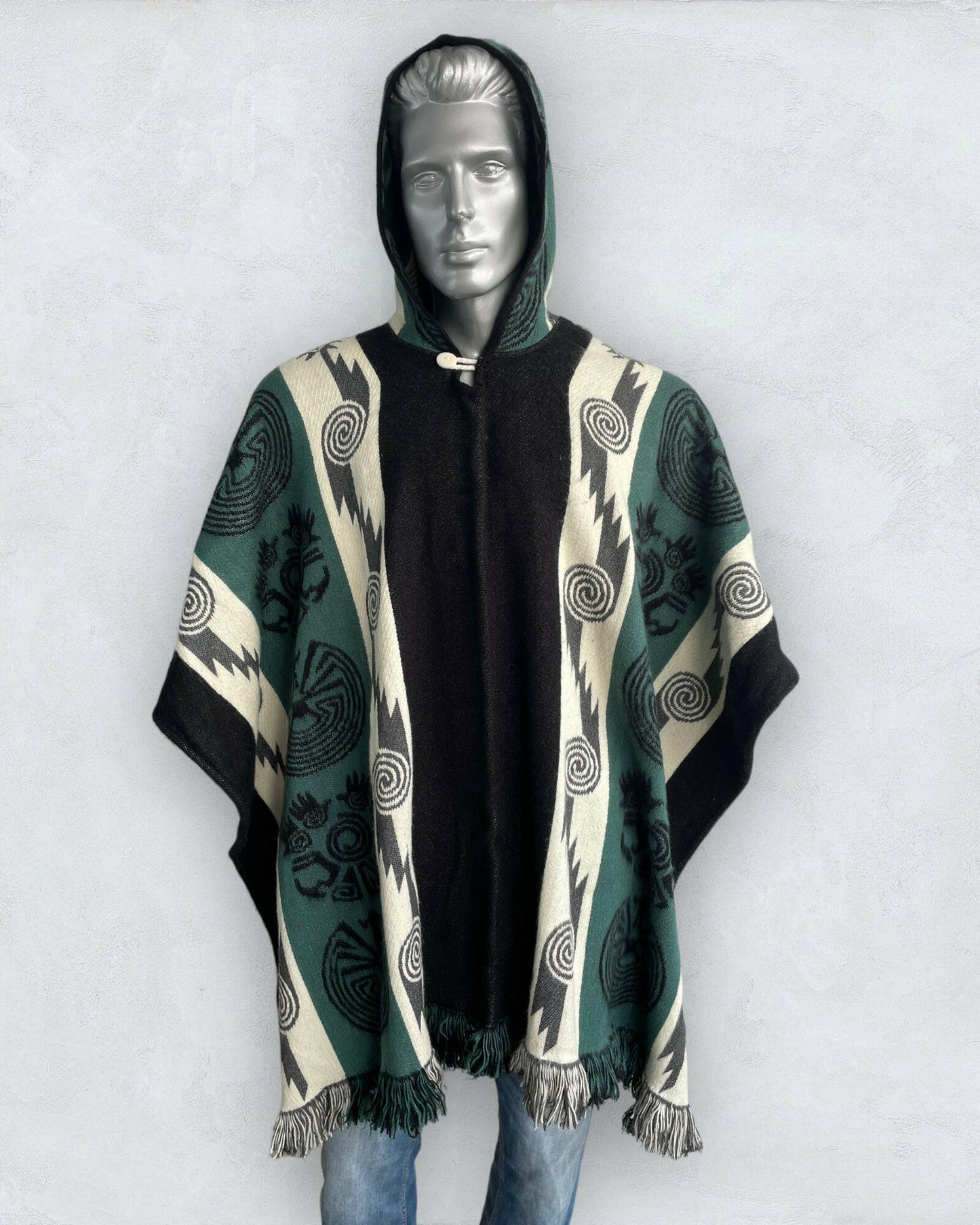 Poncho Hood Wool Green - andeanstyle