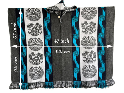 Poncho Hood Wool Grey Blue - andeanstyle