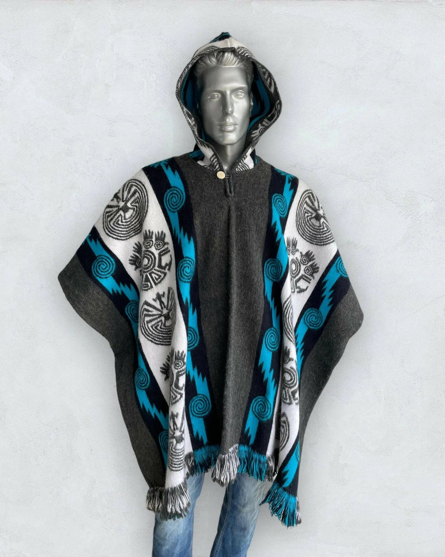 Poncho Hood Wool Grey Blue - andeanstyle