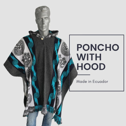 Poncho Hood Wool Grey Blue