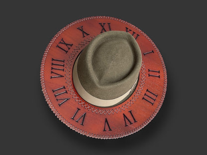 TomHats Wool Felt Outback  Hat with Teca wood brim - Roman Numerals Clock