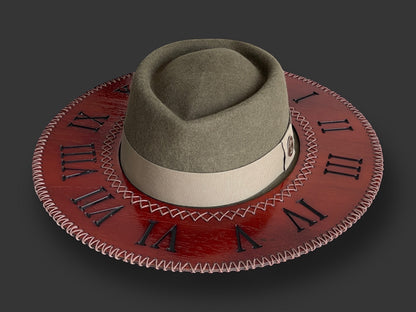 TomHats Wool Felt Outback  Hat with Teca wood brim - Roman Numerals Clock